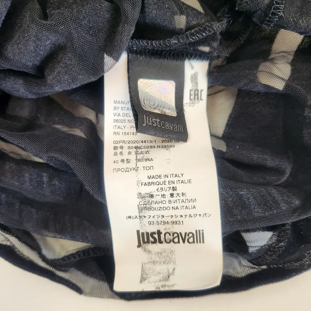 Just Cavalli Black Sheer Top Shirt Long Sleeve Size 40 US Small High Neck Velvet - Picture 6 of 9